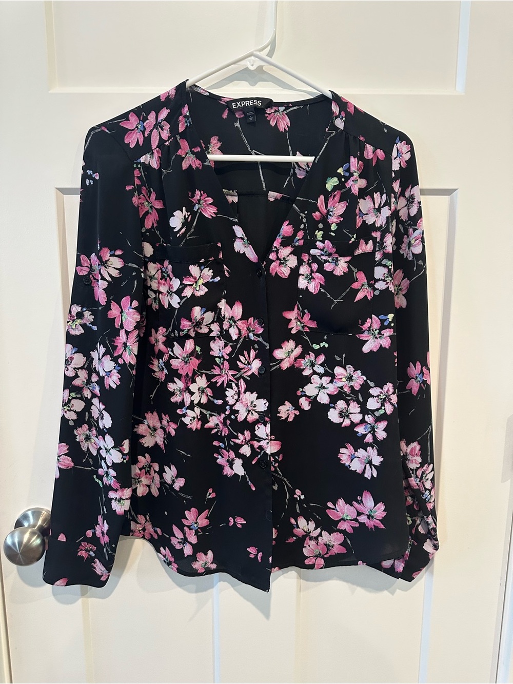 Express Black Blouse with Pink Floral Print